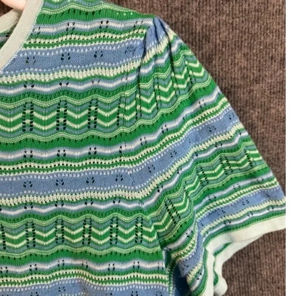 Talbots Open Flame Stitch Green Blue Striped Knit Short Sleeve Top - Picture 5 of 5